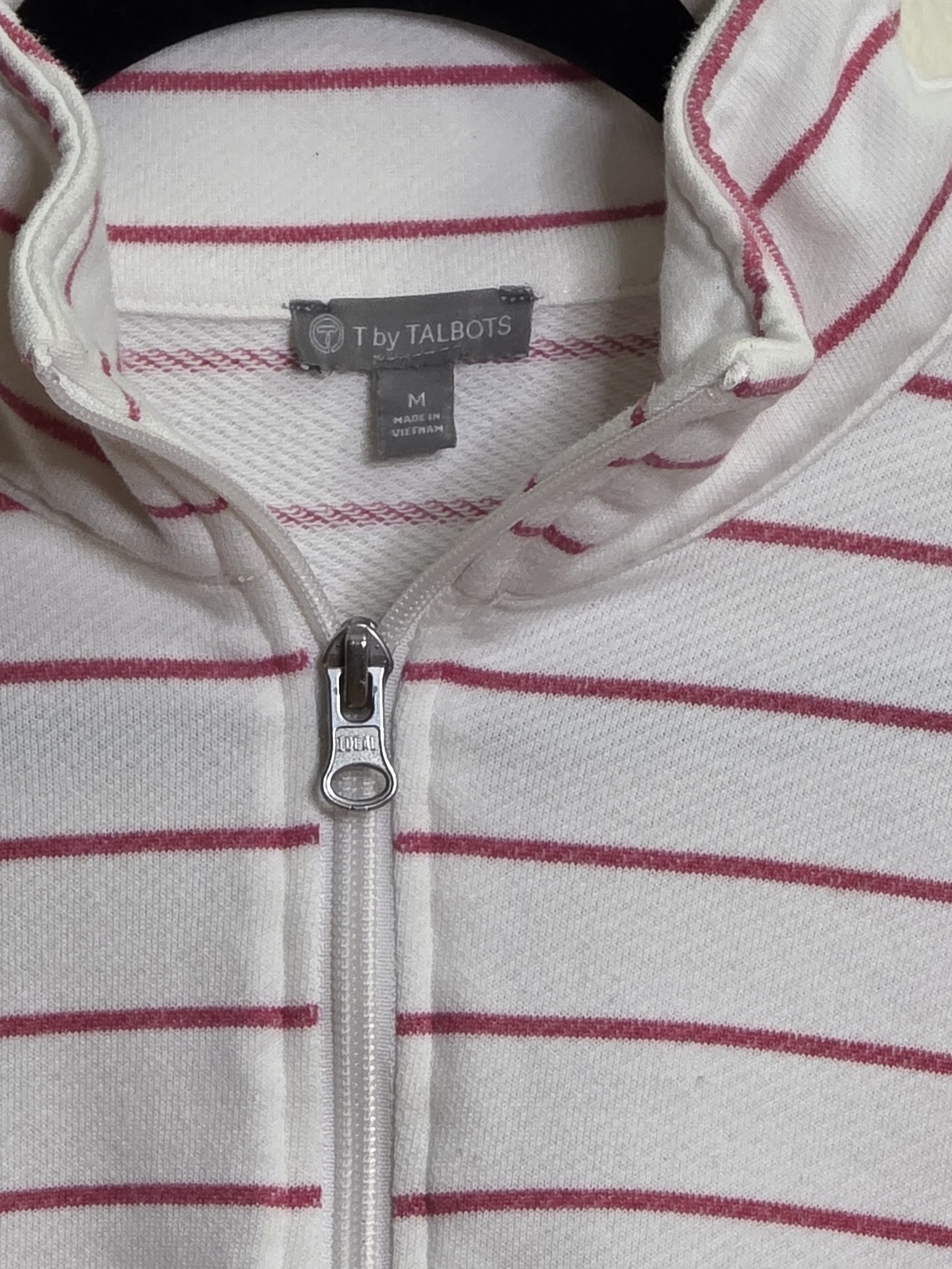 T by Talbots White Zip-Up Sweater with Pink Stripes